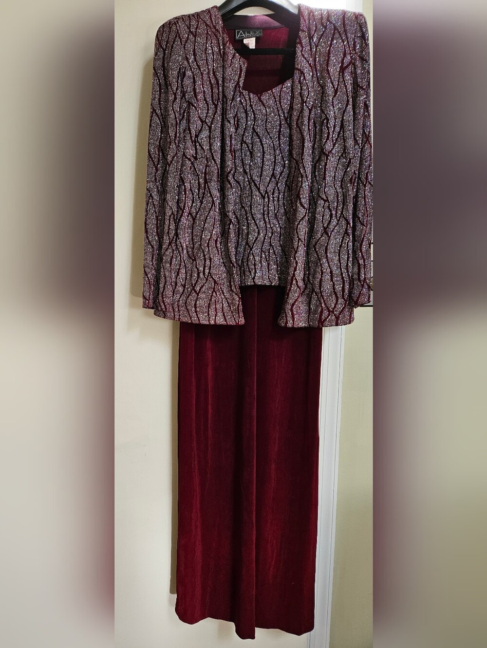 Alex Evenings 2pc Jacket Dress Set Glitter Metallic Burgundy Maxi [Size]